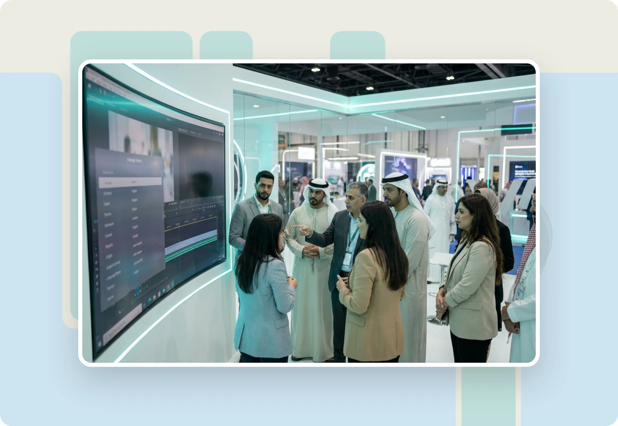 alugha at Global Media Congress 2022: media industry professionals reviewing a multilingual video workflow at an Abu Dhabi congress booth