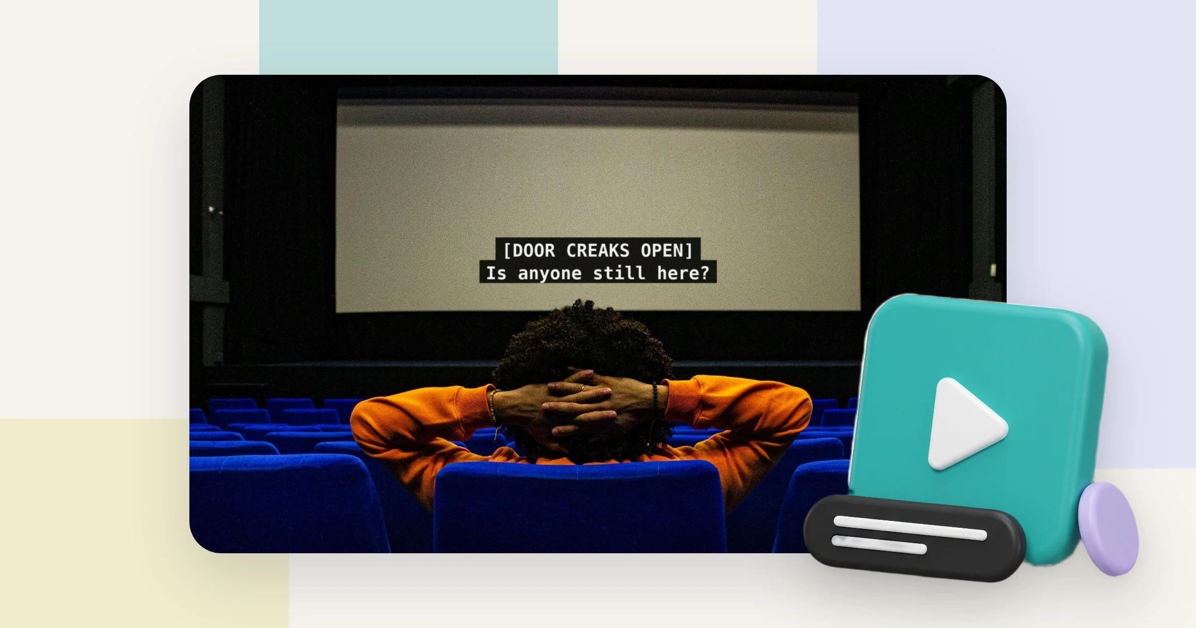 A viewer in an empty cinema watches a screen showing closed captions: a sound description in brackets above a line of dialogue, the difference between closed captions vs subtitles
