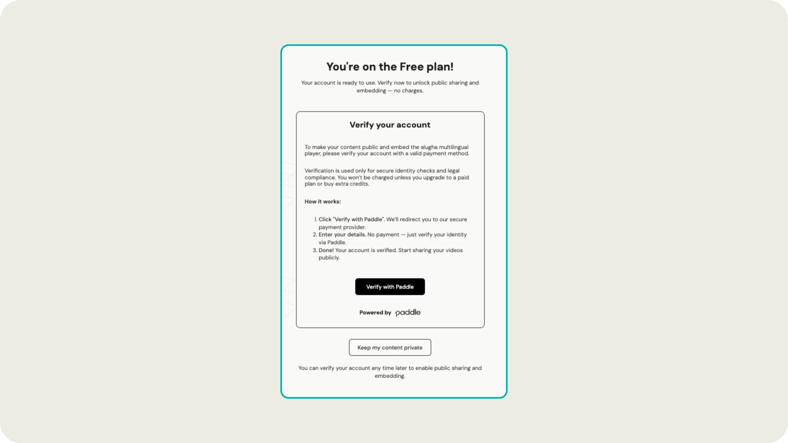alugha account Paddle verification page with Verify with Paddle button