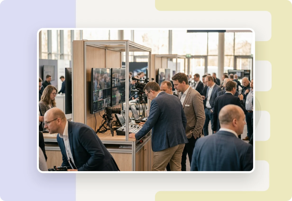 alugha at IBC 2023: media and broadcast professionals reviewing a multilingual video workflow at a technology convention booth