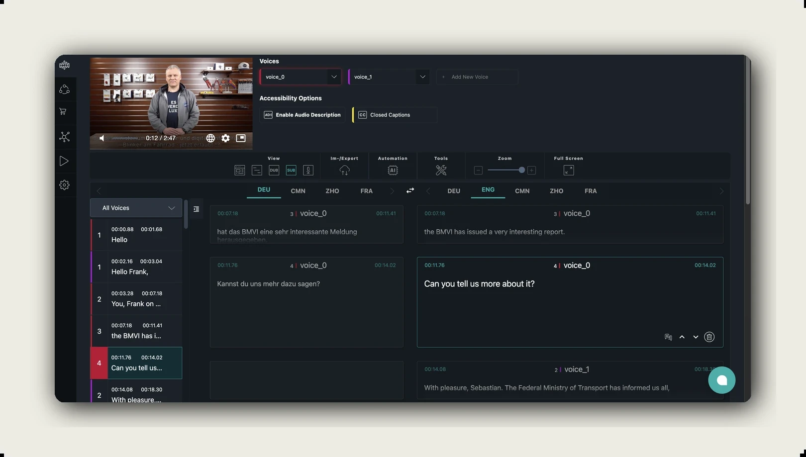 closed captions and audio description switches in the alugha accessibility options above the subtitle segments