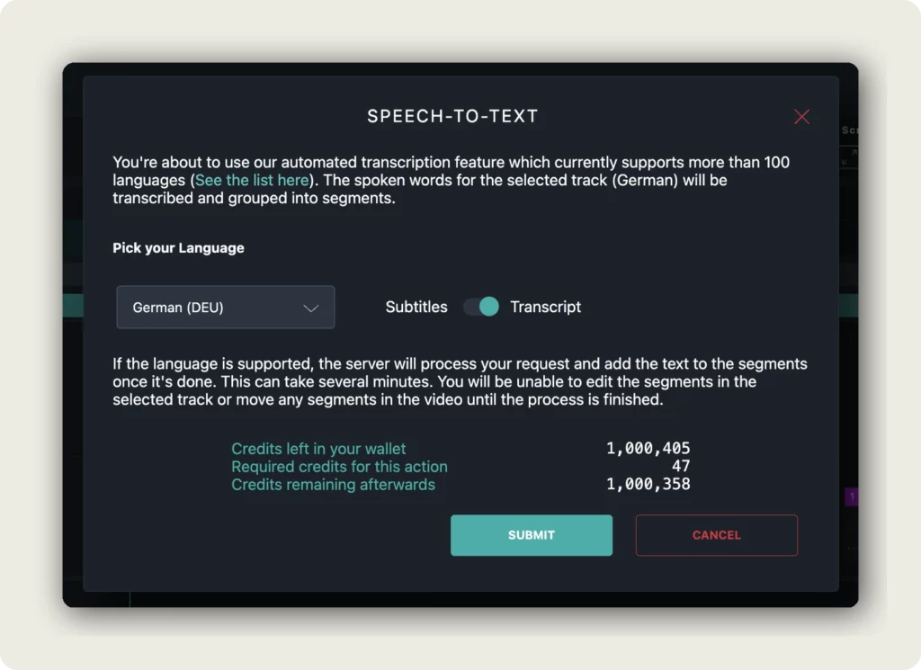 alugha Speech-To-Text dialog with Pick your Language dropdown, Transcript toggle, and credit cost to transcribe video