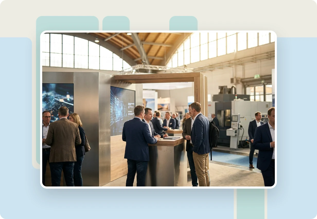 alugha at Hannover Messe USA 2022: industry and enterprise professionals watching a multilingual video at an industrial technology trade fair booth in Chicago