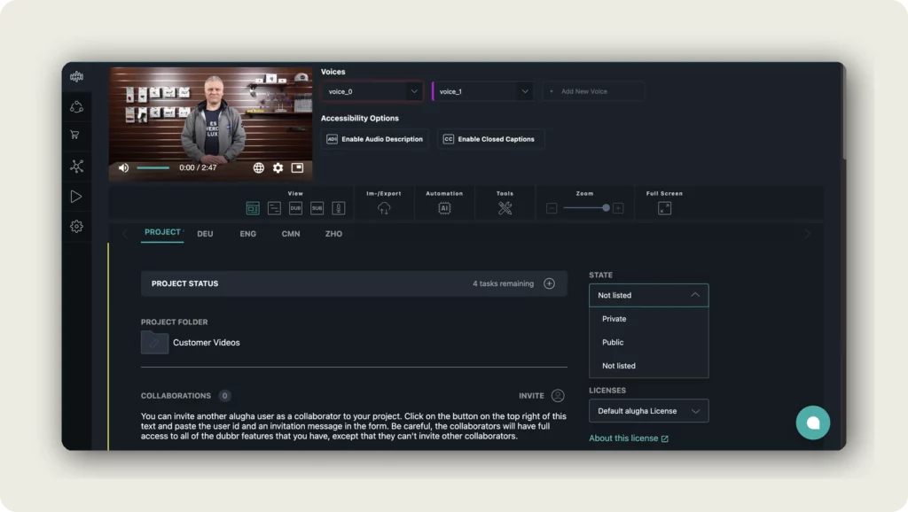 alugha dubbr PROJECT tab with STATE dropdown showing Private, Public, and Not listed to set video visibility and privacy