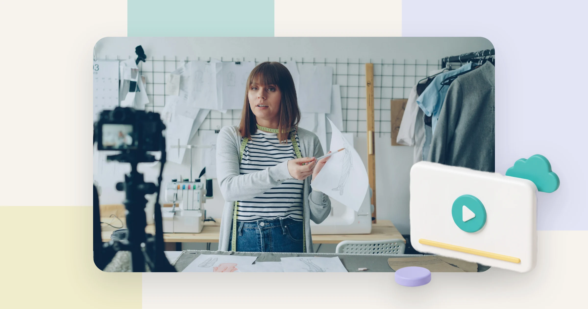 A small business owner films a product video in her studio, the kind of video people look for free video hosting for