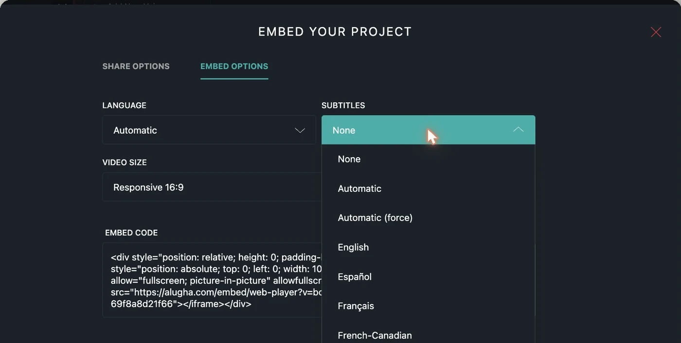 The alugha embed options with the subtitles menu open, showing None, Automatic, Automatic (force) and fixed languages