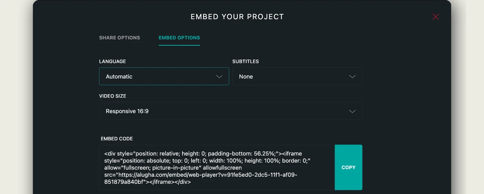 The EMBED OPTIONS tab in the alugha dubbr with Language set to Automatic, Subtitles, Video Size set to Responsive 16:9 and the embed code box with its Copy button