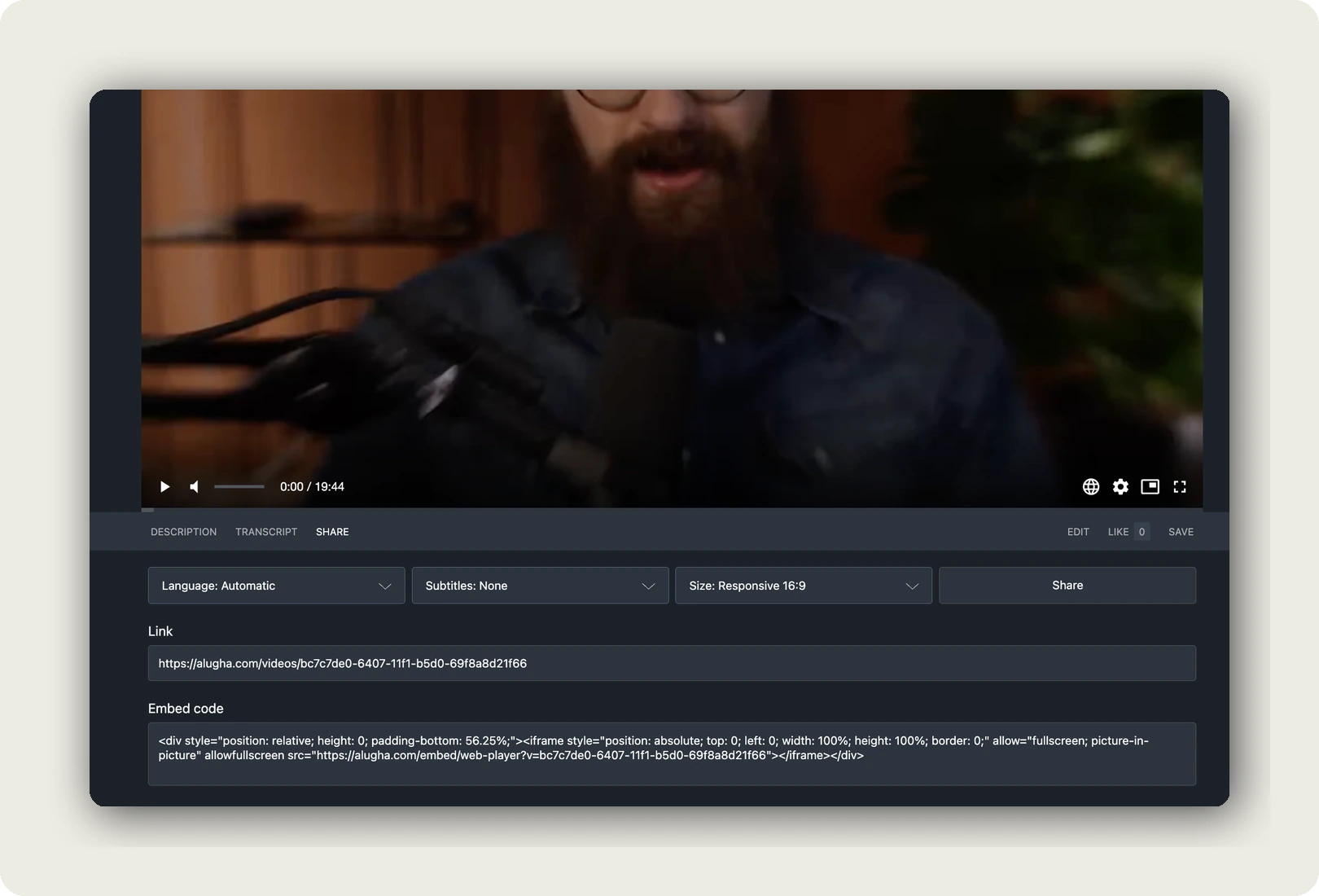 embed alugha player social networks. SHARE tab below the video player with Language, Subtitles, Size dropdowns, Share button and link field