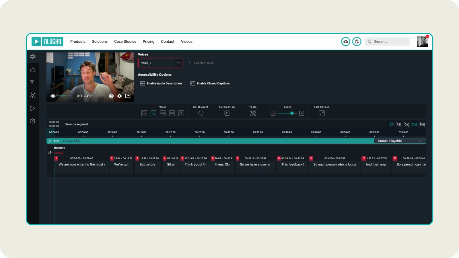 alugha dubbr workspace showing your first uploaded video with transcript
