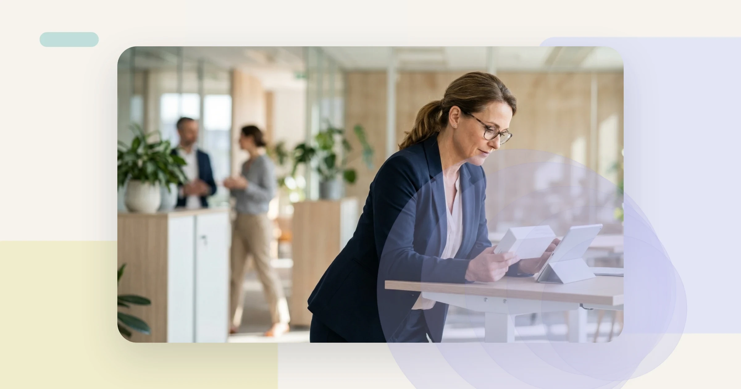 Electronic product information ePI: a regulatory affairs professional reviewing medicine packaging and a tablet in a pharma office