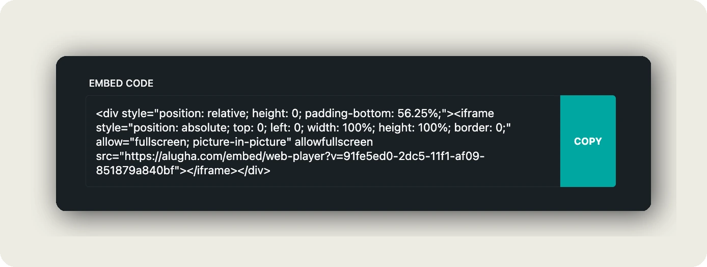 The responsive iframe embed code from alugha, ready to paste in place of a Drive preview link