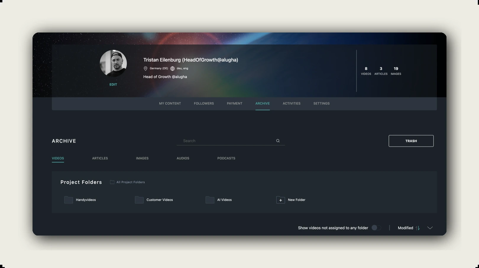 alugha folders — ARCHIVE tab on the channel page with VIDEOS sub-tab and Project Folders strip