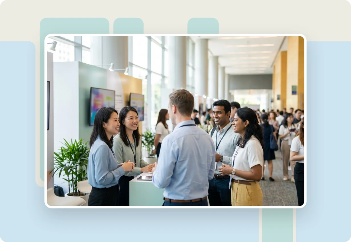 alugha at didacta asia 2023: education professionals watching a multilingual video at an education fair booth in Bangkok