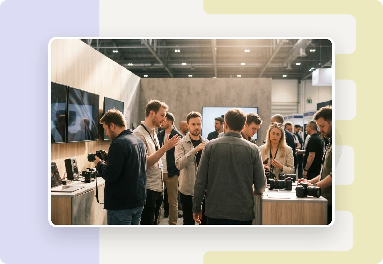 alugha at media production technology show 2022: media and broadcast professionals reviewing a multilingual video workflow at a production technology booth