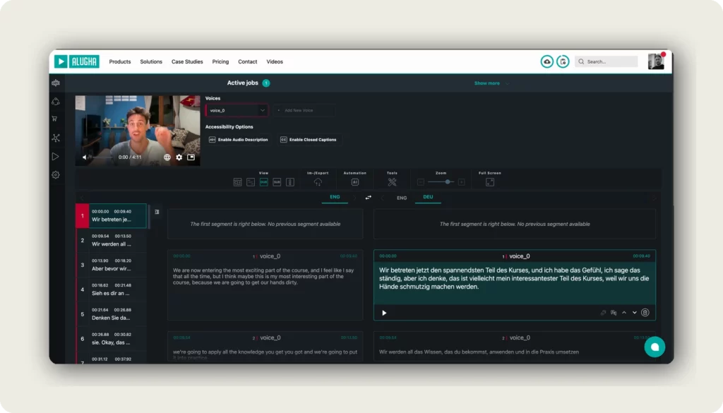 dubbr editor showing translated segments in two languages after adding AI translations to your video