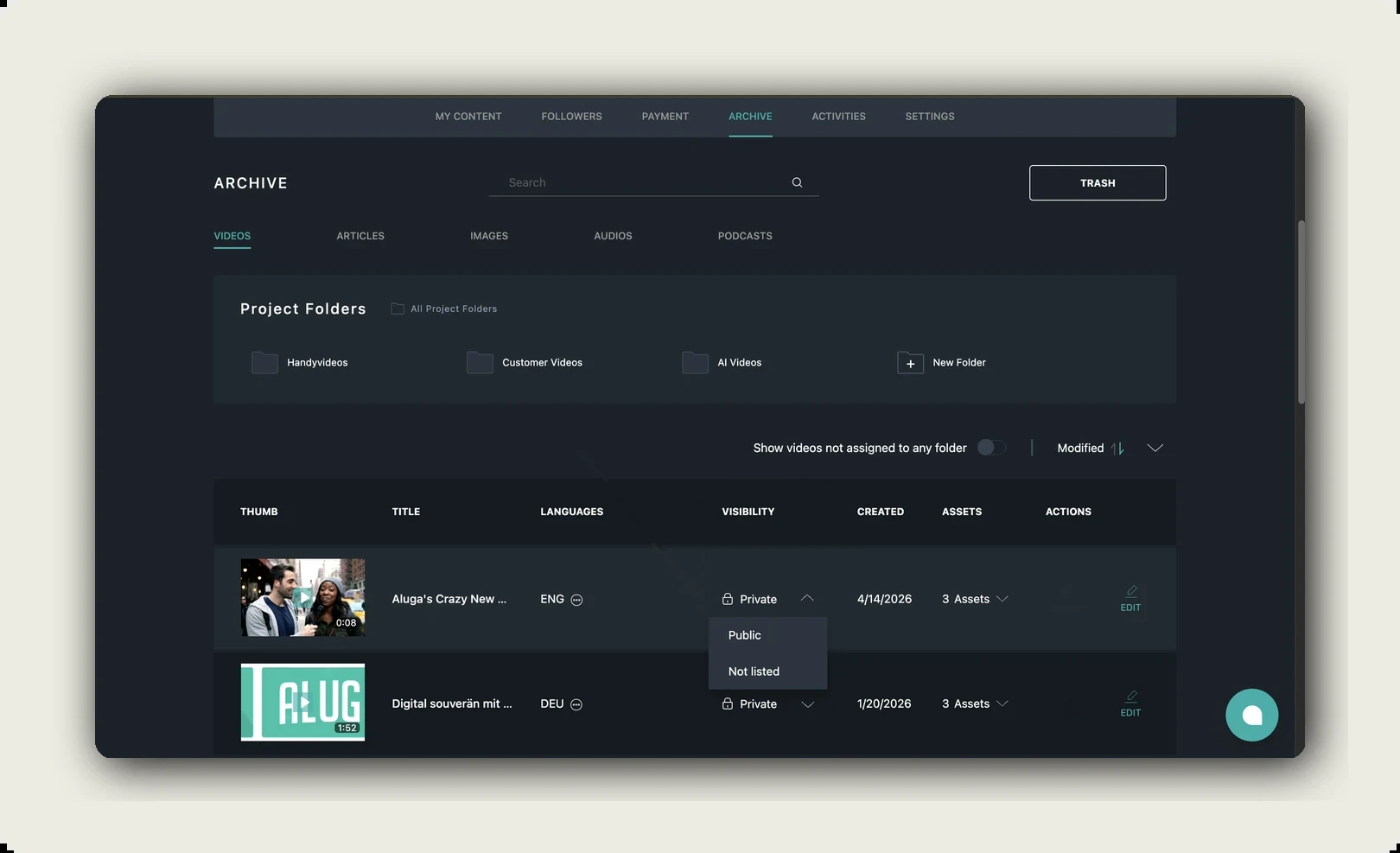 The alugha project settings with the visibility states Private, Public and Not listed, the embedding toggle and the domain whitelist field