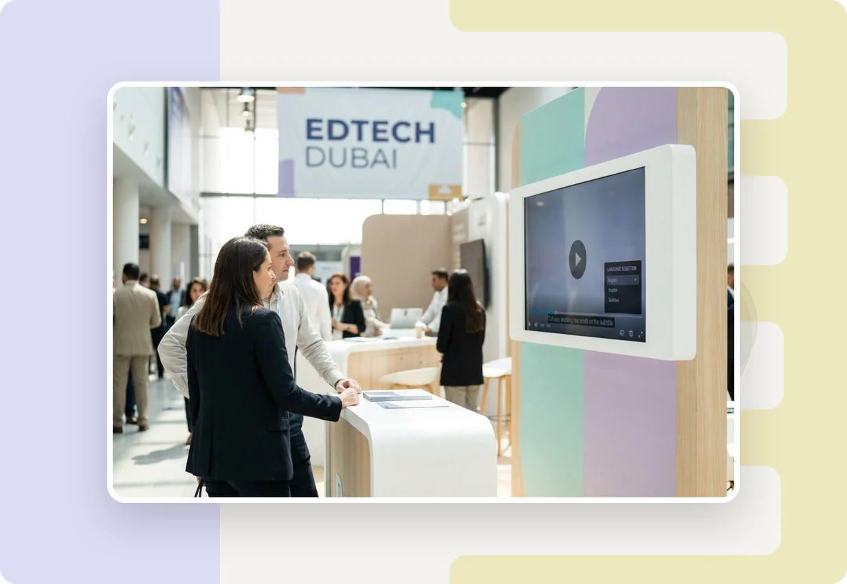 alugha at gess dubai 2022: education professionals watching a multilingual video at an education exhibition booth in Dubai