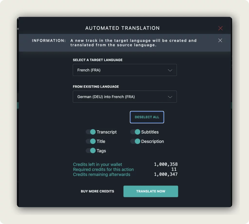 alugha Automated Translation dialog with source language German, target French, and Title, Description, Tags, Transcript, Subtitles checkboxes selected to translate video