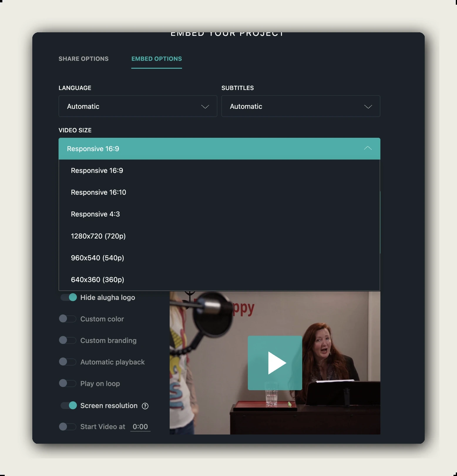 alugha brand profiles — VIDEO SIZE dropdown showing Responsive 16:9 / 16:10 / 4:3 and fixed 720p / 540p / 360p options