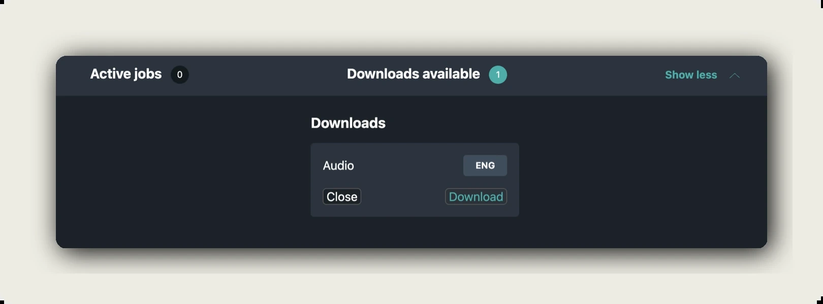 manage audio alugha — Downloads available panel with Audio ENG card and Download button
