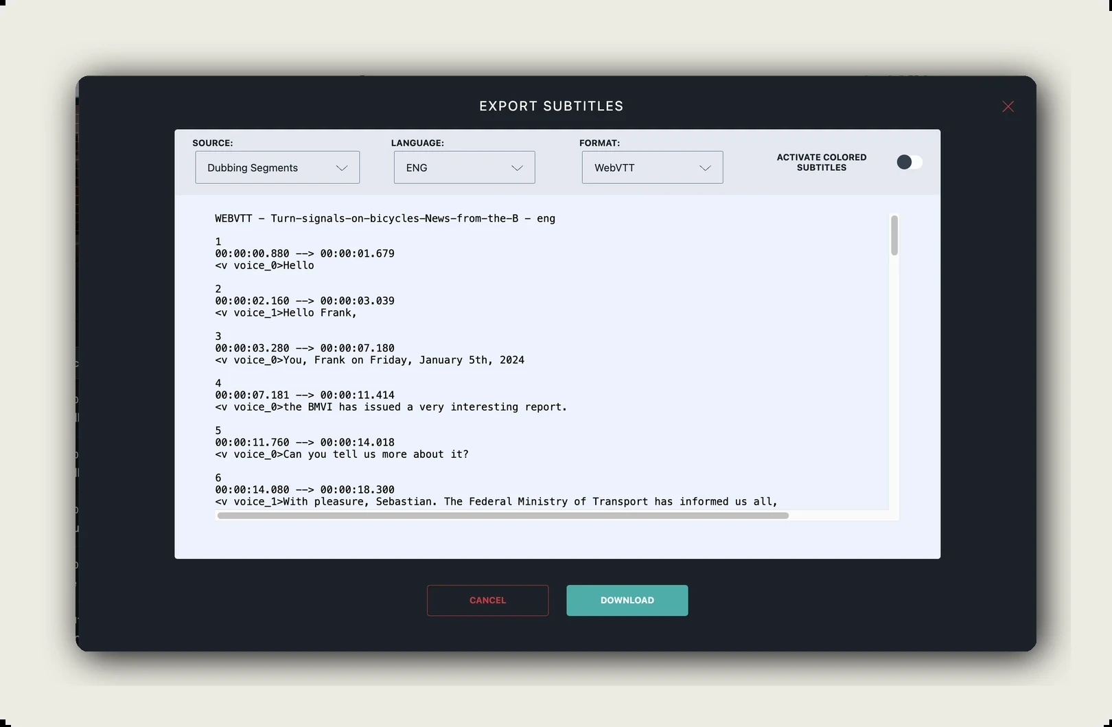 closed captions exported from alugha as a WebVTT file with timecodes and the format selector above