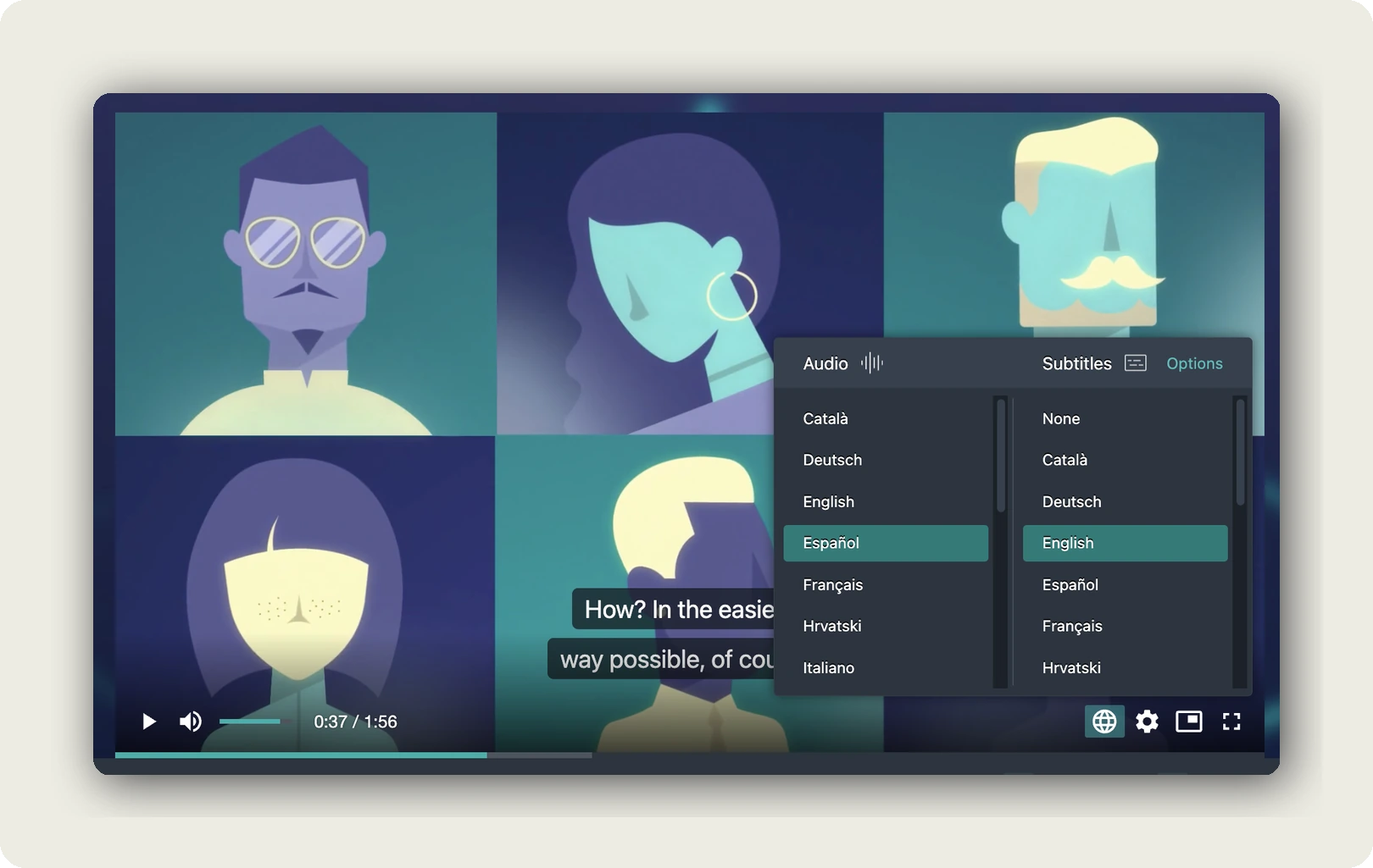 The alugha player's language menu with Spanish audio and English subtitles selected at the same time, audio and subtitles listed as two separate columns