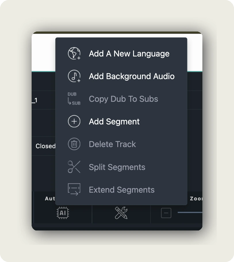 alugha dubbr Tools menu with Copy Dub To Subs option to create subtitles from transcript