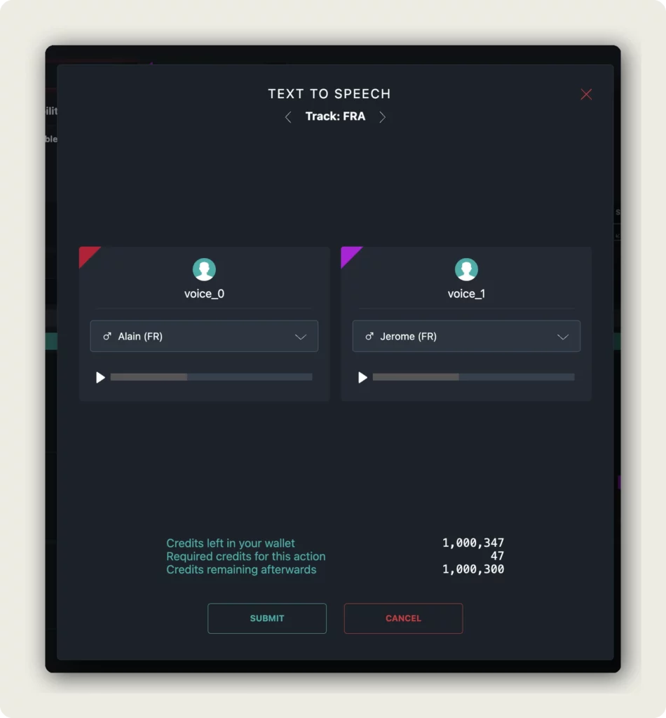 alugha Text-To-Speech dialog for FRA track with voice_0 Alain FR and voice_1 Jerome FR, playback previews, and credit cost to generate AI voiceover text to speech