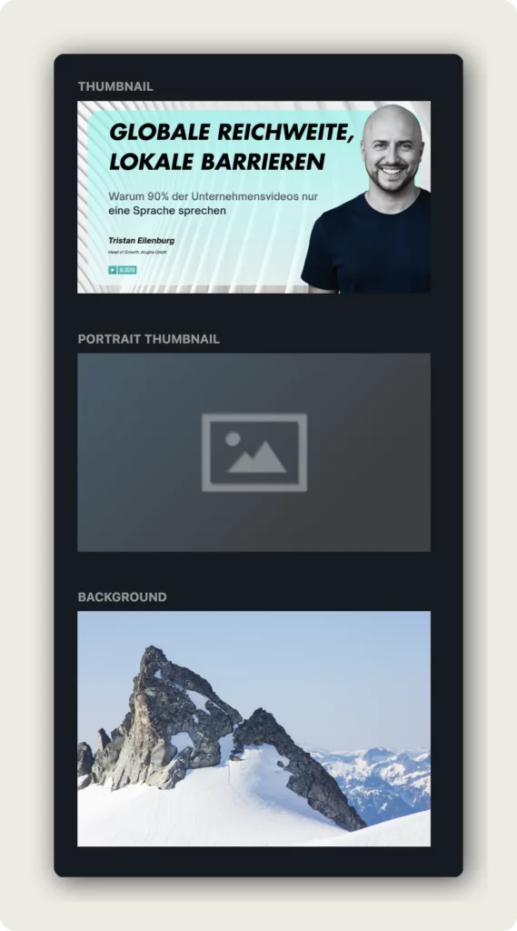 alugha THUMBNAIL, PORTRAIT THUMBNAIL, and BACKGROUND upload slots to edit language metadata