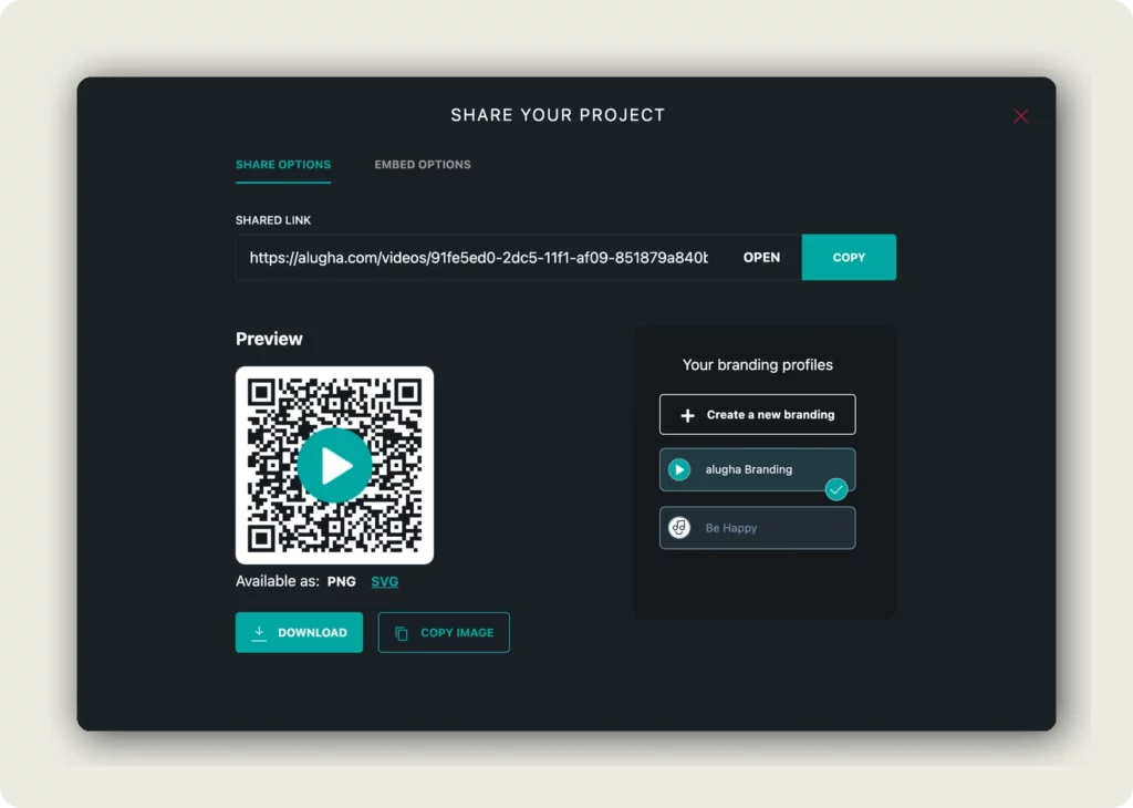 Share Your Project dialog with shared link and QR code for your multilingual video