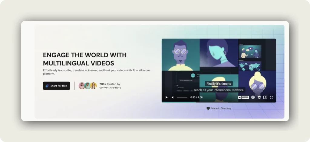 alugha player embedded on the alugha.com homepage showing multilingual video playback with subtitles in context to understand the automatic language switcher