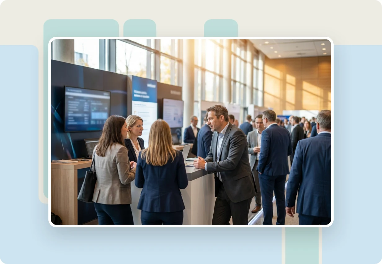 alugha at Global Media Congress 2023: media industry professionals reviewing a multilingual video workflow at a media congress booth in Abu Dhabi