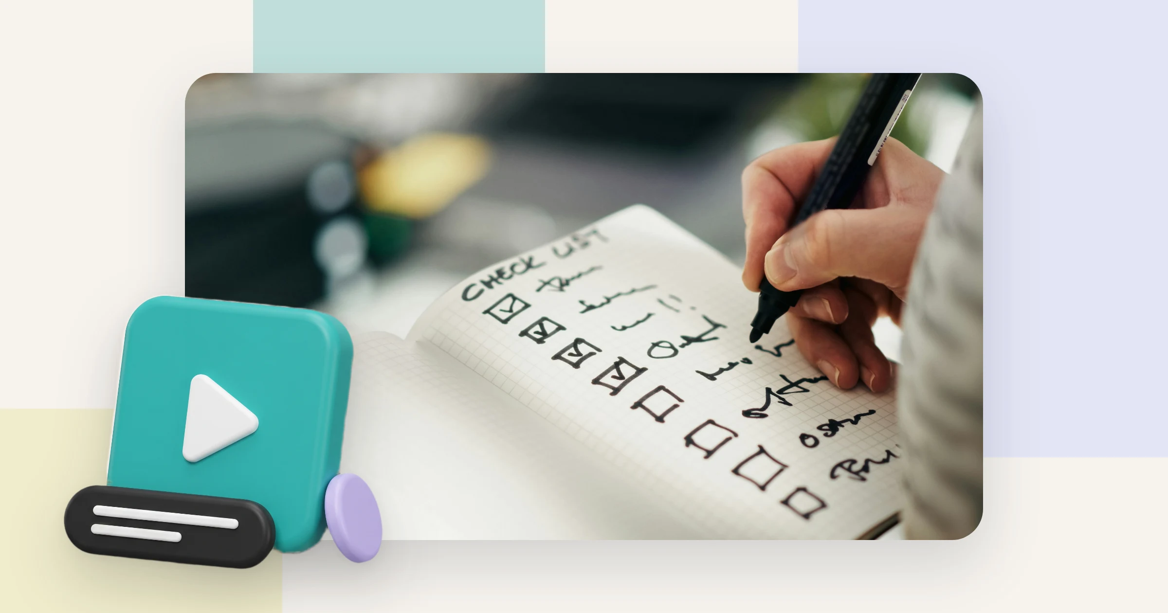 A hand writing an accessible video checklist in a notebook and ticking off the boxes one by one