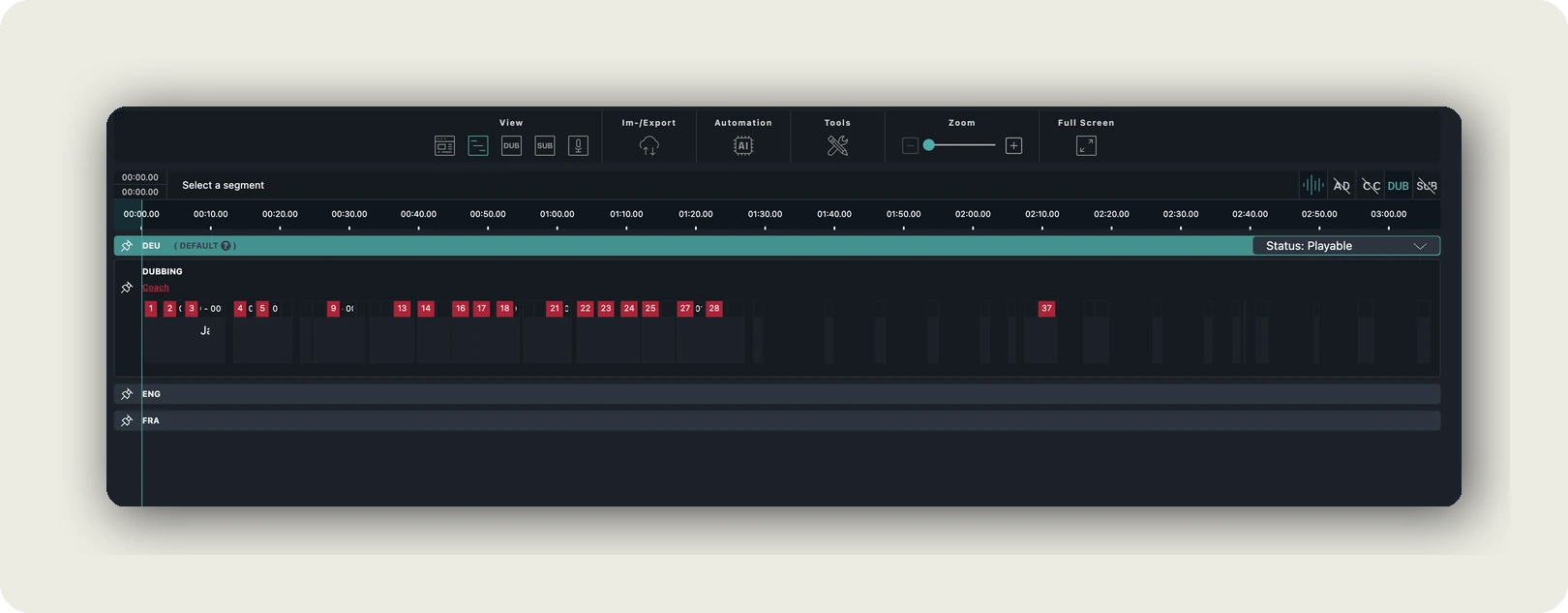 dubbr 101 — dubbr editor showing toolbar (View, Im-/Export, Automation, Tools, Zoom, Full Screen) above a horizontal timeline with DEU, ENG, FRA language tracks and DUBBING segments