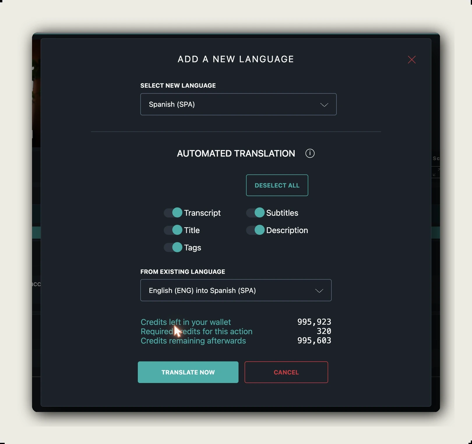 translate spanish video to english — alugha ADD A NEW LANGUAGE dialog with automated translation toggles and credit preview