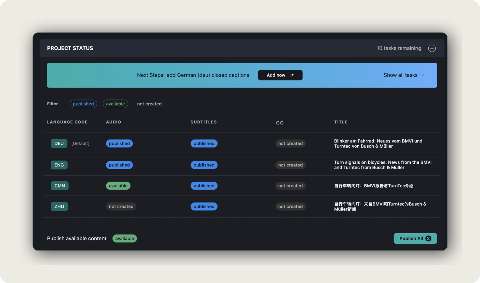 The dubbr project status table showing one training video with German, English and two Chinese tracks, each with its own published or available state