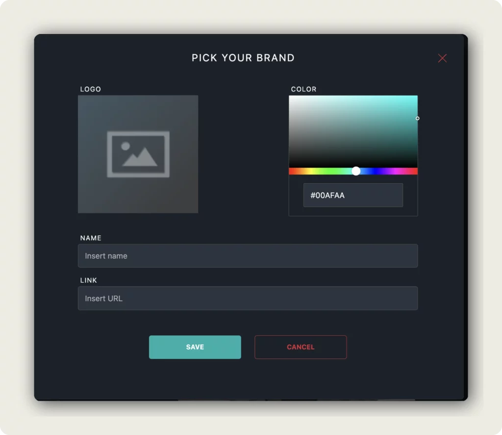 lugha Pick Your Brand editor with LOGO upload area, COLOR picker with hex code field, NAME text input, LINK URL input, and SAVE and CANCEL buttons to customize player appearance
