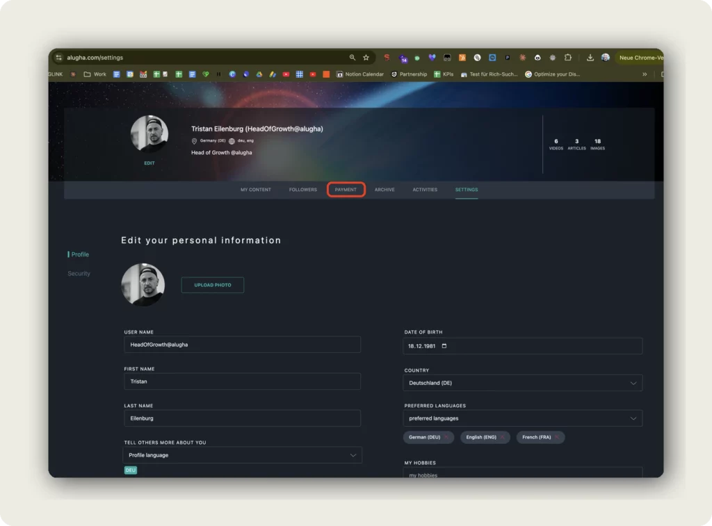 alugha Settings page showing Profile section with Upload Photo, User Name, First Name, Last Name, Date of Birth, Country, and Preferred Languages fields to change account settings