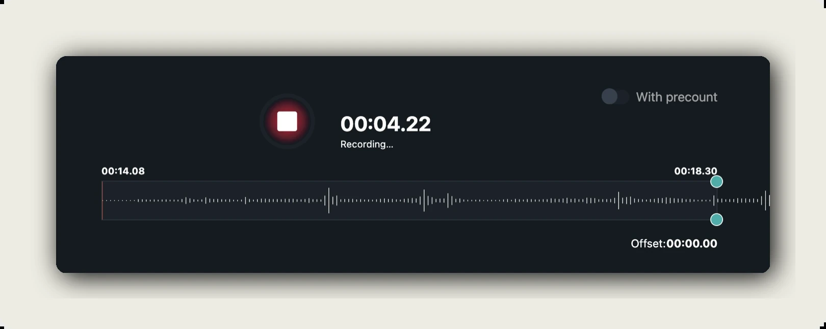 manage recording alugha — active recording state with red stop button, Recording label, and live waveform in the segment range bar