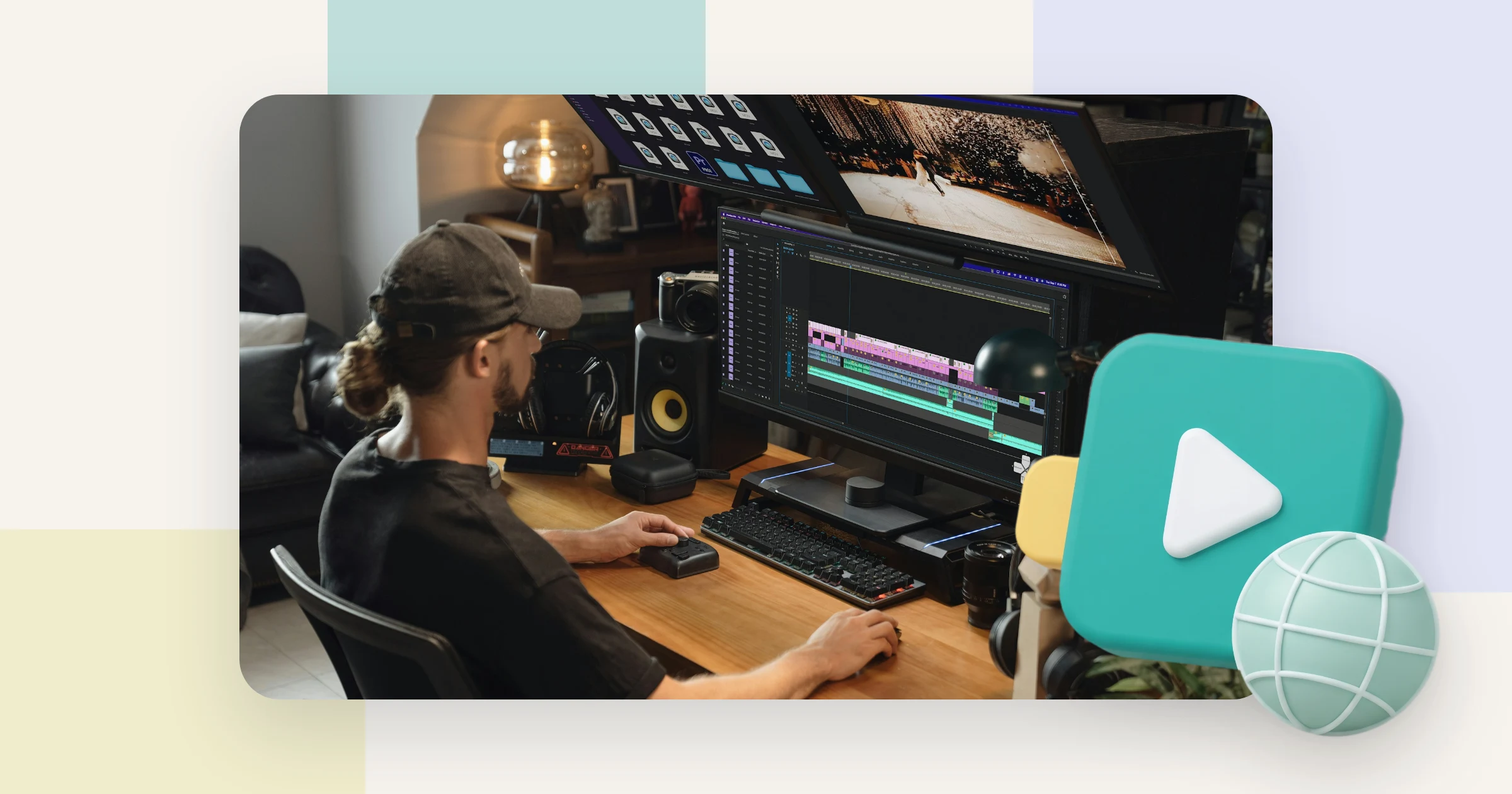 A video editor at a workstation with several monitors prepares a video for localization into other languages