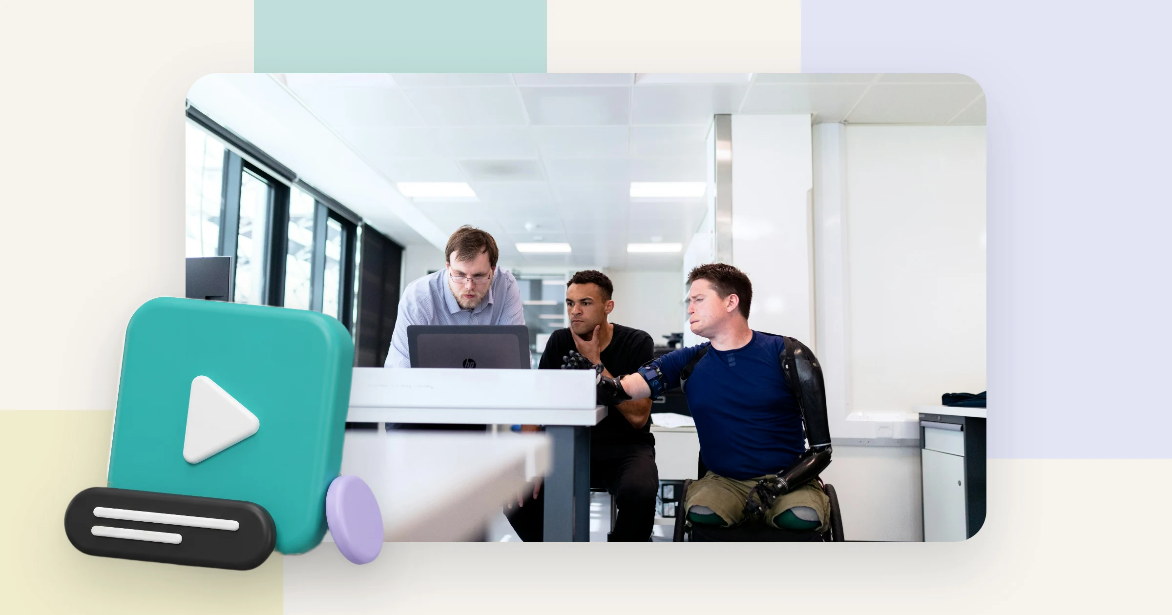 A team in an accessible office, one colleague in a wheelchair with an arm prosthesis, working on video that the European Accessibility Act now covers