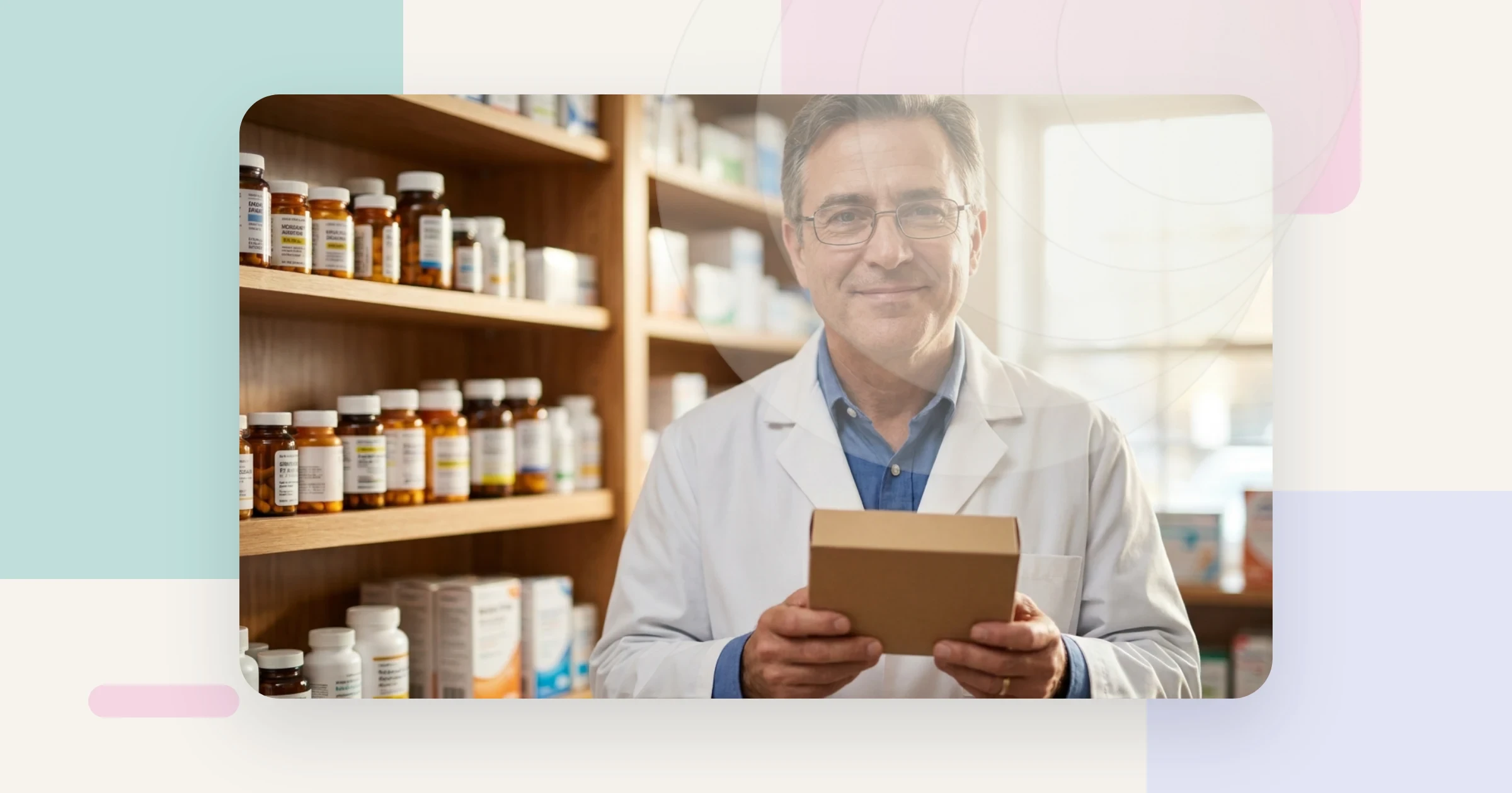 QR codes pharmaceutical packaging: a pharmacist examining a medicine box in a pharmacy