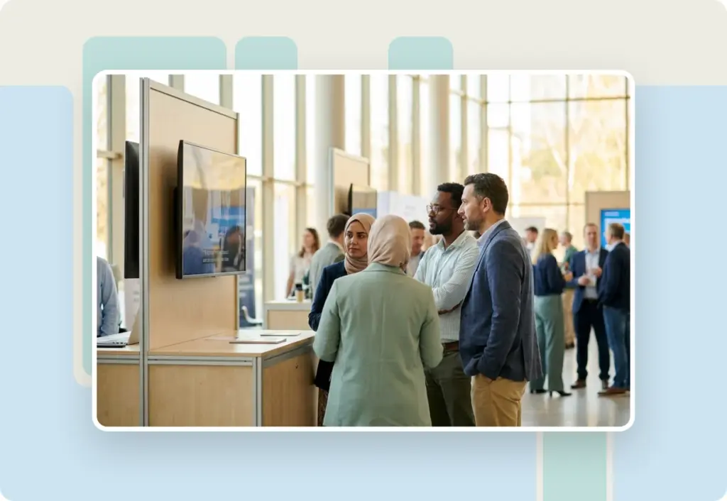 alugha at didacta 2025: education professionals watching a multilingual video at an education fair booth