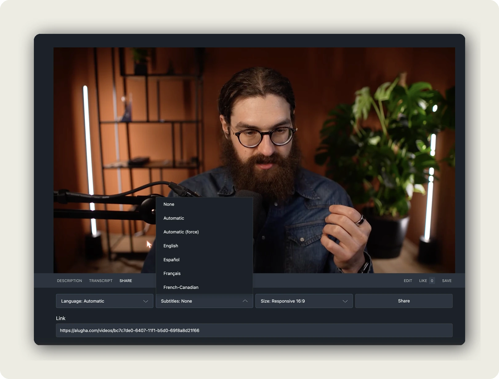 automatically enable subtitles shared videos. Subtitles dropdown in the SHARE tab with None, Automatic, Automatic force and language options