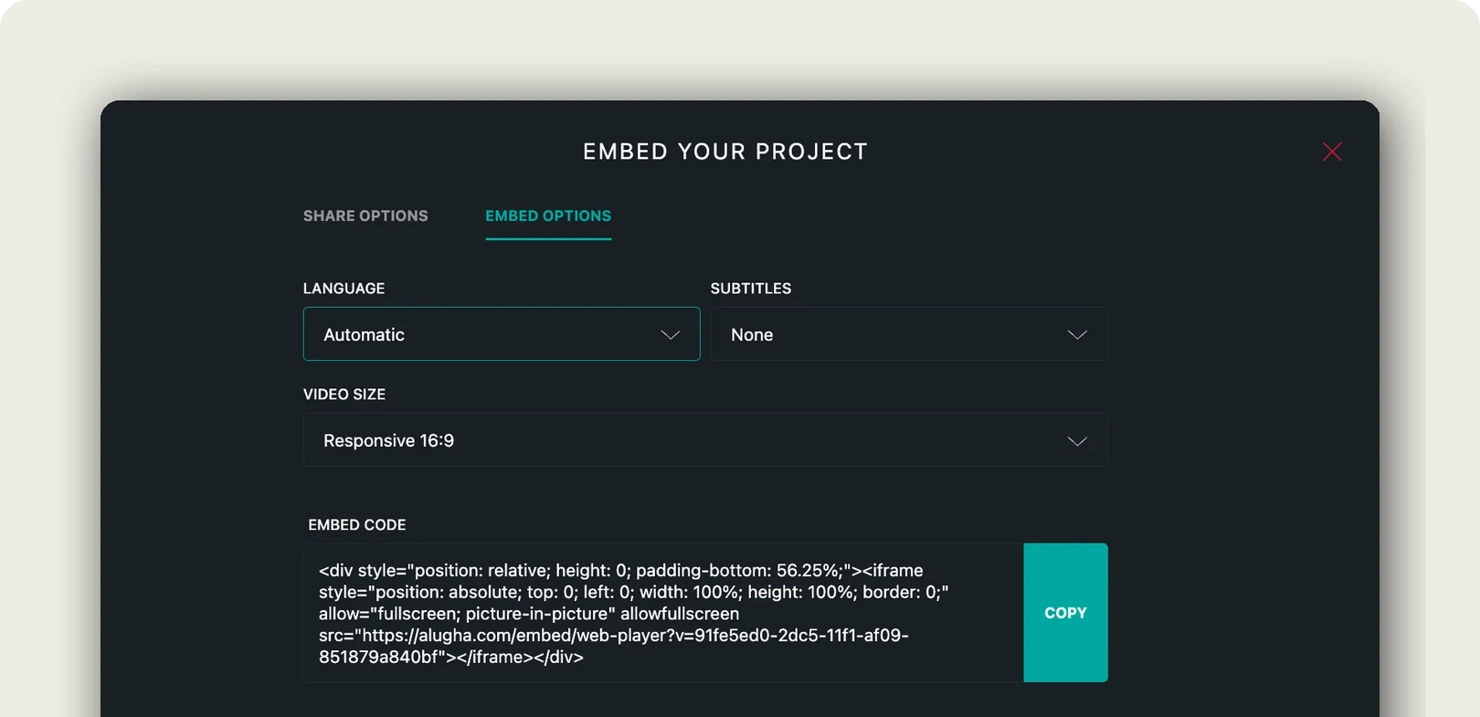 Embed options: language, subtitles, a responsive 16:9 size and the embed code to copy
