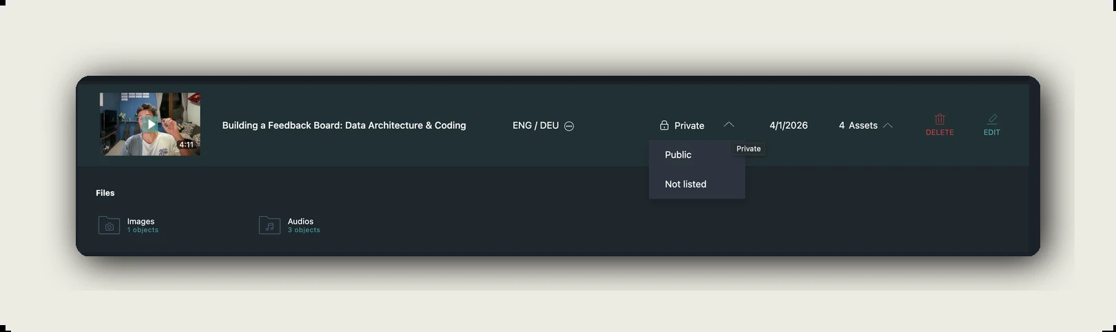 Upload settings of the alugha YouTube alternative with video status and domain whitelist