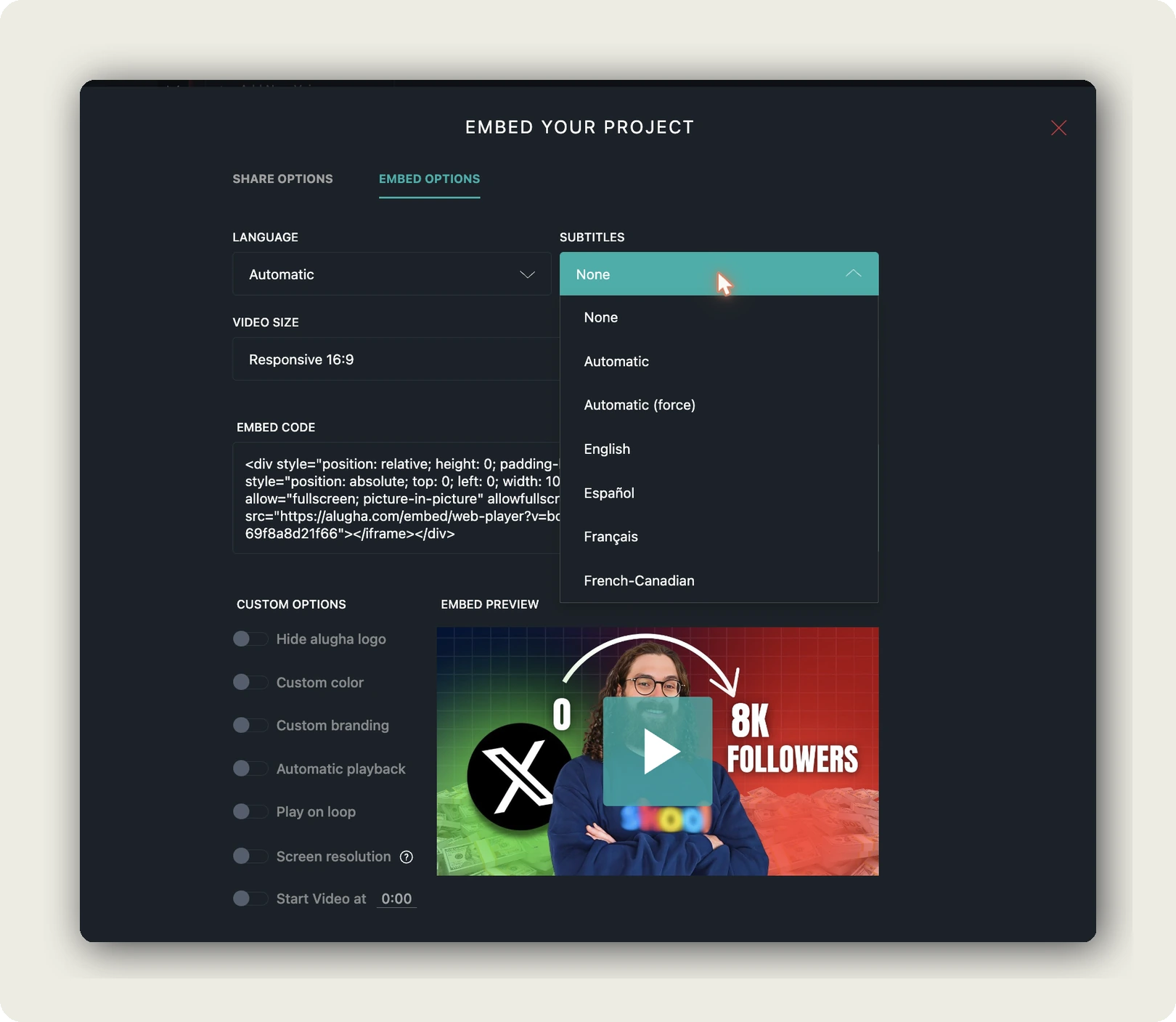automatically enable subtitles embedded videos. SUBTITLES dropdown open with None, Automatic, Automatic force, Deutsch, English, Fran√ßais options