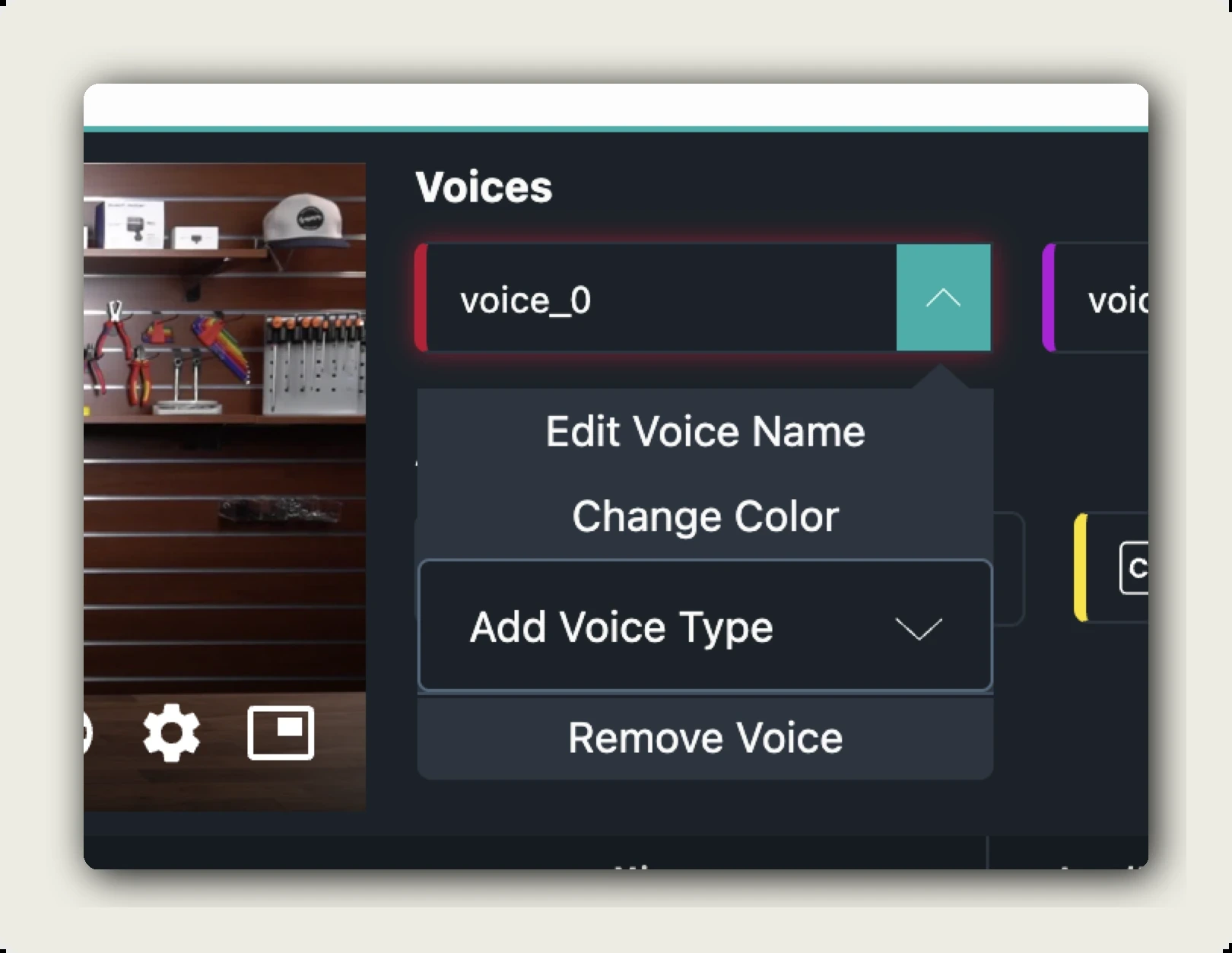manage audio alugha — per-voice dropdown showing Edit Voice Name, Change Color, Add Voice Type, Remove Voice
