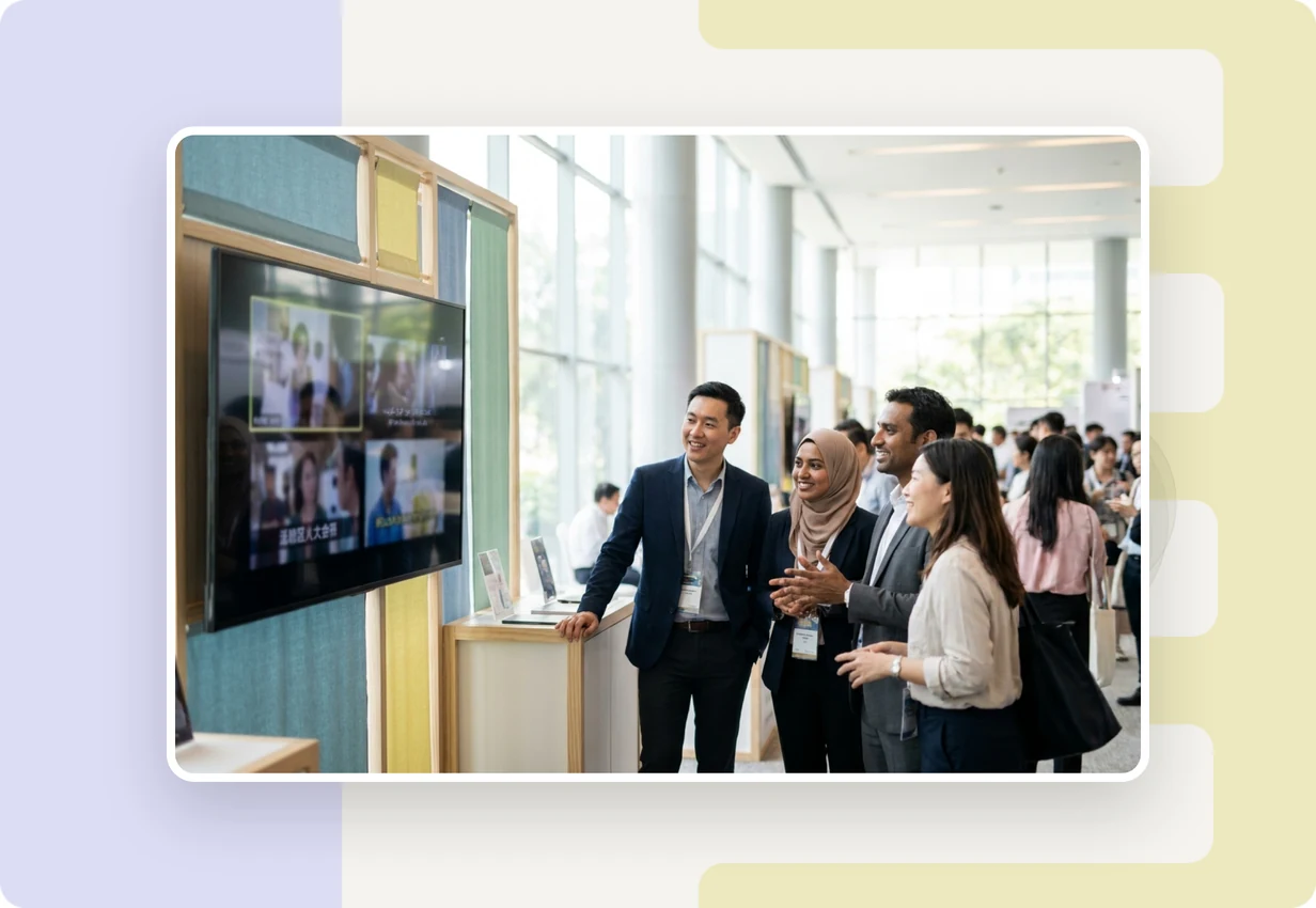 alugha at didacta asia 2024: education professionals watching a multilingual video at an education trade fair booth in Bangkok