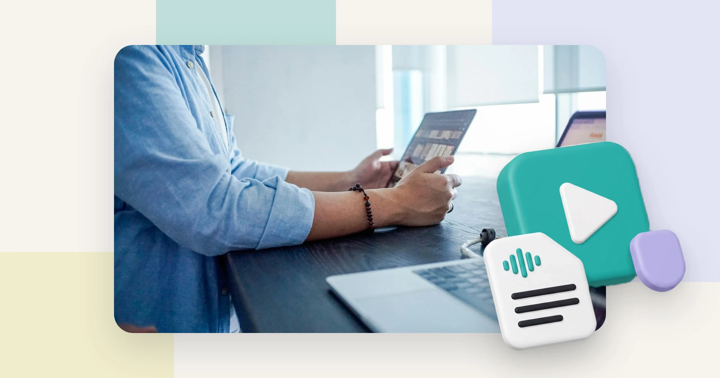 Two people watching a phone video at a desk, with a play tile and transcript card, for a TikTok transcript